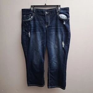 Maurices Womens Crop Distressed Jeans 18 Dark Blue Straight Stretch Flap Pockets - Picture 1 of 7