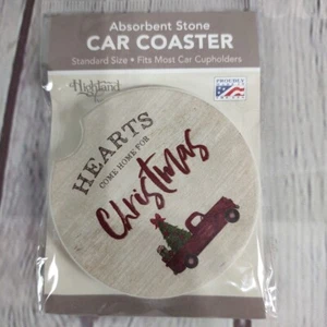 Absorbent Stone Car Coaster Hearts Come Home For Christmas 2.6 in x 2.6 in - Picture 1 of 3