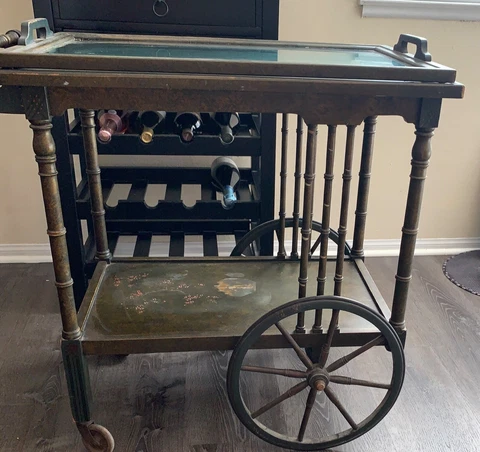 Antique Rolling Bar Serving Tea Cart With Glass Serving Tray Cover