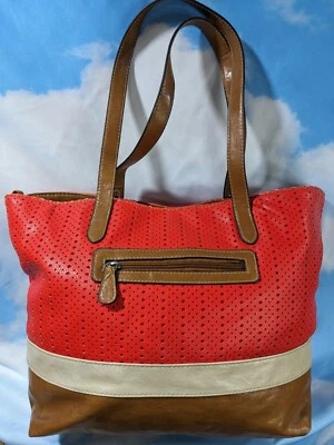 Coral Brown Bag with Floral Fabric Lining 2 Zipper Compartments Magnetic Closure - Image 1 of 4