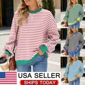 Women's Loose Fashion Casual Round Neck Long Sleeve Striped Long Sweatshirt new - Picture 1 of 18