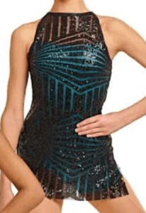 CURTAIN CALL J5246 Black & Blue LINED SEQUIN MESH DRESS Dance Costume ADULT S - Picture 1 of 7