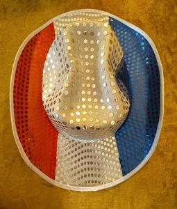 Patriótico Rojo Blanco y Azul Lentejuelas Vaquera Sombrero Sol Gorra Disfraz Accesorios - Imagen 1 de 3