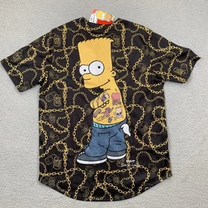 The Simpsons Baseball Jersey Mens Medium Bad Boy Bart Black Gold Mesh Button Up - Picture 1 of 12