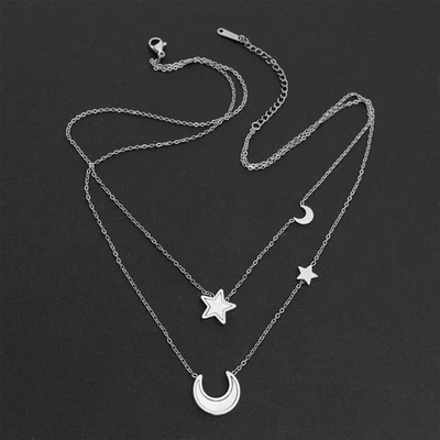 Edelstahl Doppelkette silberfarben Halskette Mond Stern Anhänger filigrane Kette - Bild 1 von 4