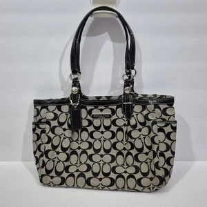 Coach Signature Canvas Leather Medium Purse Tote Bag Gray Black Zip F15146 *READ - Bild 1 von 13