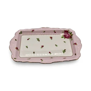 Royal Albert New Country Roses Sandwich Snack Plate White & Pink 11 3/4” Long - Picture 1 of 12