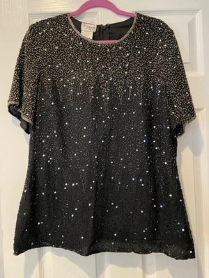 Top vintage Stenay negro seda con cuentas XL/1X/14/16/18 Foto 1 de 3