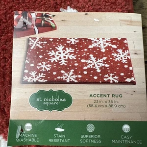 Tappeto Natale/Inverno San Nicola Quadrato Rosso Bianco Fiocco di Neve 23”x35” Nuovo con etichette - Foto 1 di 6