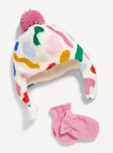 Old Navy Baby Heart Printed Sherpa Trapper Hat & Mittens Set Size XXS 0-6 Months - Picture 1 of 1