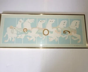 Print Carousel Horses K Eisler Blue Pink Beige Gold Green - Picture 1 of 12
