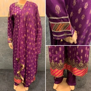 Pakistani Purple long frock Style Embroidered linen dress,Large - Picture 1 of 12