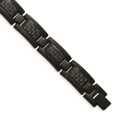 Stainless Steel Polished Black IP-plated w/Blue Carbon Fiber Inlay Bracelet - Image 1 of 4