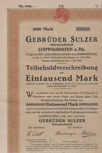 Gebrüder Sulzer Aktiengesellschaft, Teilschuldverschreibung 5 % 1000 M, 1920 - Bild 1 von 1
