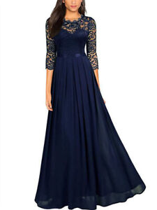 Womens Lace Round Neck Long Formal Party Ball Gown Prom Bridesmaid Evening Dress