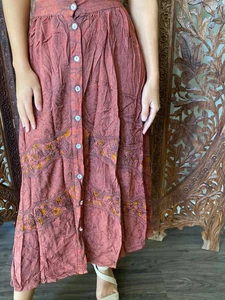 Boho Hippy Gypsy Maxi Skirt Rustic Pink Embroidered Button Down Skirts SM 