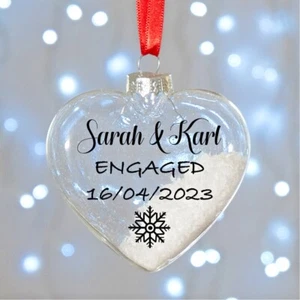 Personalised Engagement Gift Heart Glass Bauble Xmas Tree Ornament - Picture 1 of 3