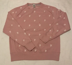 New Victorias Secret PINK Pullover Sweatshirt Size Large Light Pink Logo Pattern - Picture 1 of 3