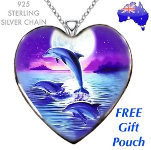 Dolphin Ocean Moon Heart Glass Pendant 925 Sterling Silver Chain Necklace Gift - Picture 1 of 7