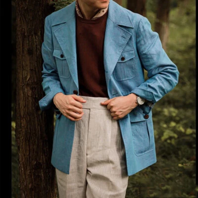 Chaqueta de safari de lino para hombre vintage con múltiples bolsillos formal novio para boda fiesta Foto 1 de 4