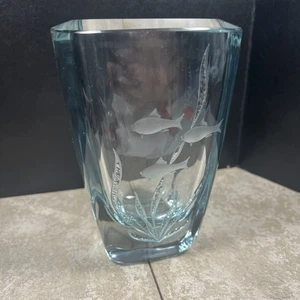 Strombergshyttan 7” Etched Koi Fish Crystal Art Glass Heavy Vase MCM (TS) - Picture 1 of 11