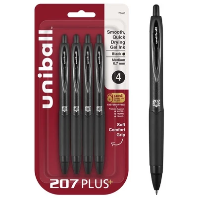 UNI-BALL uniball 207 Plus+ Retractable Gel Pens, Medium Point, 0.7mm, Black Ink, 4/Pac...