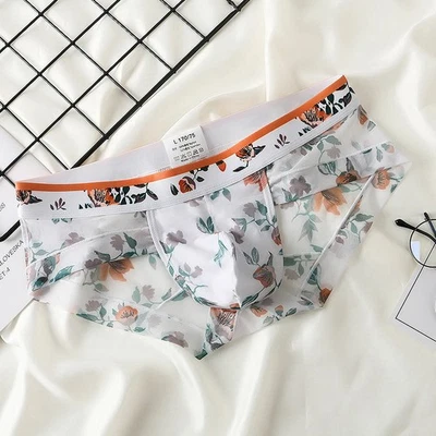 Men's Underwear Ice Silk Soft Underpants Boxers Shorts Flowers Mesh Briefs - Image 1 of 4