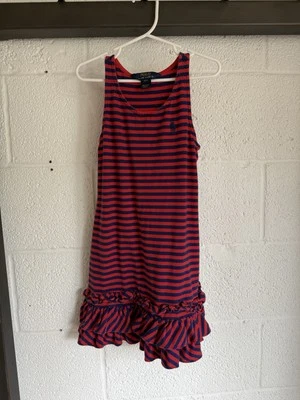 EUC Polo Ralph Lauren 连衣裙女孩 8 码条纹背心荷叶边连衣裙标志红色蓝色 — 第 1/4 张图片