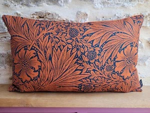 William Morris Marigold Fabric Linen Navy & Orange Velvet Cushion Cover Oblong - Picture 1 of 22