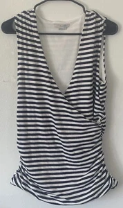 Boden Navy Blue/ White Striped Cotton Faux Wrap Ruched Sleeveless Top Size 12 - Picture 1 of 7