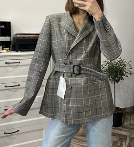 NEW ZARA Checked Plaid Fitted Belted Basic Blazer with Belt Gray Jacket Size S - Picture 1 of 15