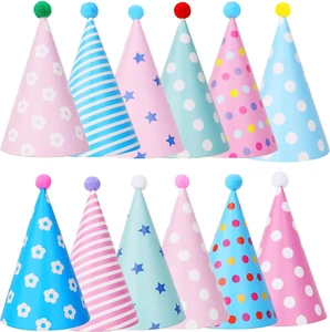 Party Hats with Pom Poms, Birthday Cone Hats 12 Pack, Toddler Party Celebration - Picture 1 of 12