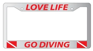 Chrome License Plate Frame LOVE LIFE GO DIVING(RED) w/FLAGS Auto Accessory - Picture 1 of 1