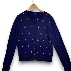 Ann Taylor Sweater Cardigan Sz Large Navy Blue Rhinestone Bling Wool Blend - Picture 1 of 9
