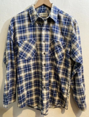 Haband  Men’s Cotton Flannel Long Sleeve Medium Plaid Blue Button Up Pockets - Image 1 of 4