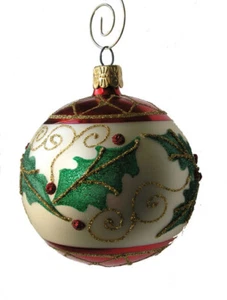 Holly Leaf Hand Blown Glass 3" Ball Christmas Ornament - - Picture 1 of 2
