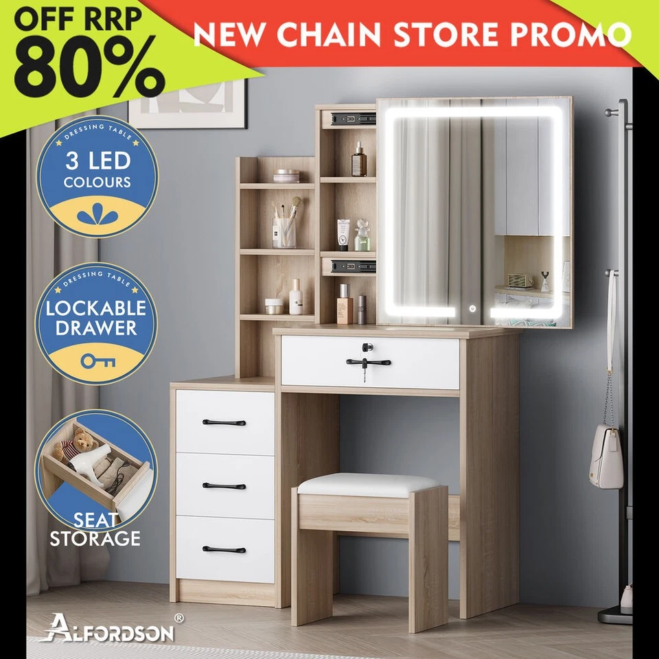 ALFORDSON Dressing Table Stool Set Makeup Mirror Vanity Desk Cabinet Wood