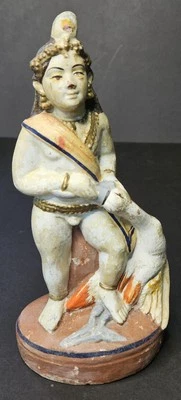 Antique 1800's Original Terracotta Golu Doll Hindu Deity Lord Krishna with Swan - Image 1 of 4