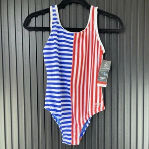Speedo Size 12 Girls Red White Blue Stripe Blocked One Piece Swimsuit - Picture 1 of 4