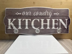 “Our Country Kitchen” Wood Wall Hanging 3 Peg Coatrack Sign - Picture 1 of 9