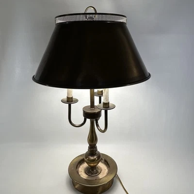 Vtg Bouillotte Style 3 Arm Light Candlestick Brass Table Lamp Tole Shade READ - Image 1 of 4