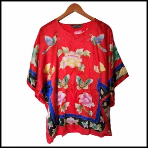 Handpaintsilk 100% Seide Tunika Top Bluse rot Blumen Schmetterling - Bild 1 von 11