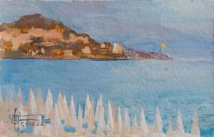 Original Seascape Landscape Gouache Painting, Still Life Sunset Small Beach Art - Picture 1 of 8