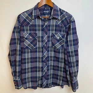 Vintage Wrangler Mens Pearl Snap Shirt Western Size L Plaid Blue Long Sleeve - Picture 1 of 9