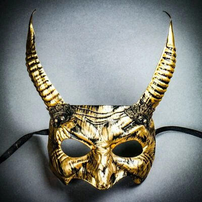 Goblin Devil Long Horn w/ Lace Halloween Masquerade Mask Party Eyes Mask Gold - Image 1 of 4