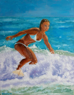 A Lovely Surfer Girl Original Oil Painting 16x20 Hand Painted YSArt - Image 1 of 4
