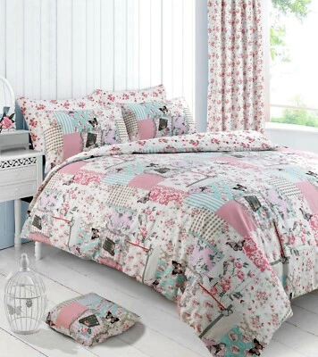 Floral Patchwork Pink Duvet Cover Fitted Sheet Bedding Set Curtains