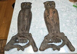 Antique Owl Fireplace Andirons Cast Iron Glass Eyes Andirons 22" Howes of Boston - Picture 1 of 13