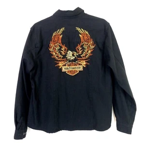 Harley-Davidson Women XL Button Up Shirt Black Embroidered Eagle 2003 Vintage - Picture 1 of 8