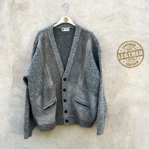 Vintage Leather Wool Knit Mens Cardigan 80s/90's Suede Front v-neck - Imagen 1 de 8